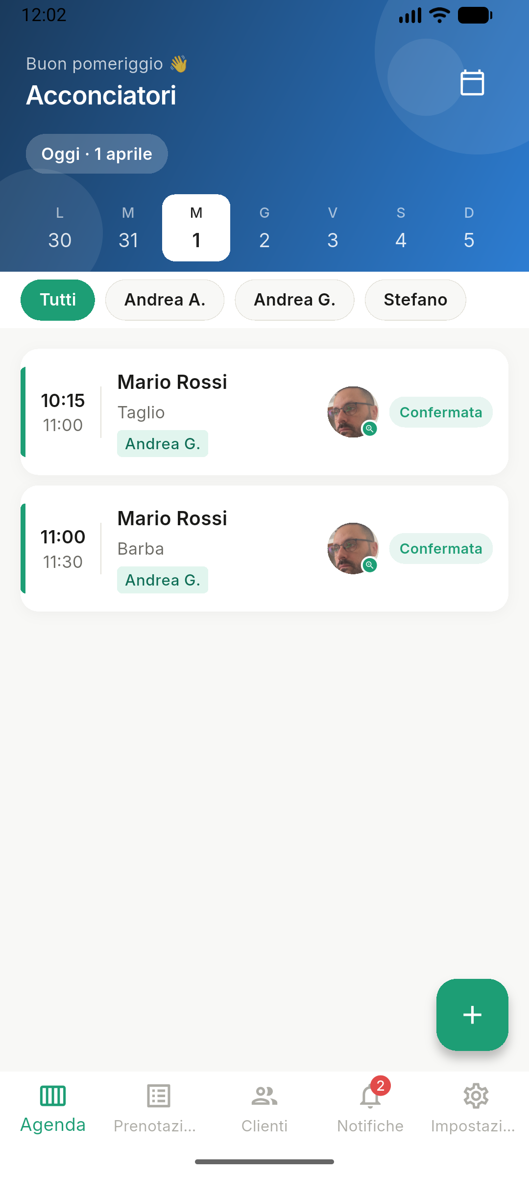 Schermata agenda del giorno – Prenotix