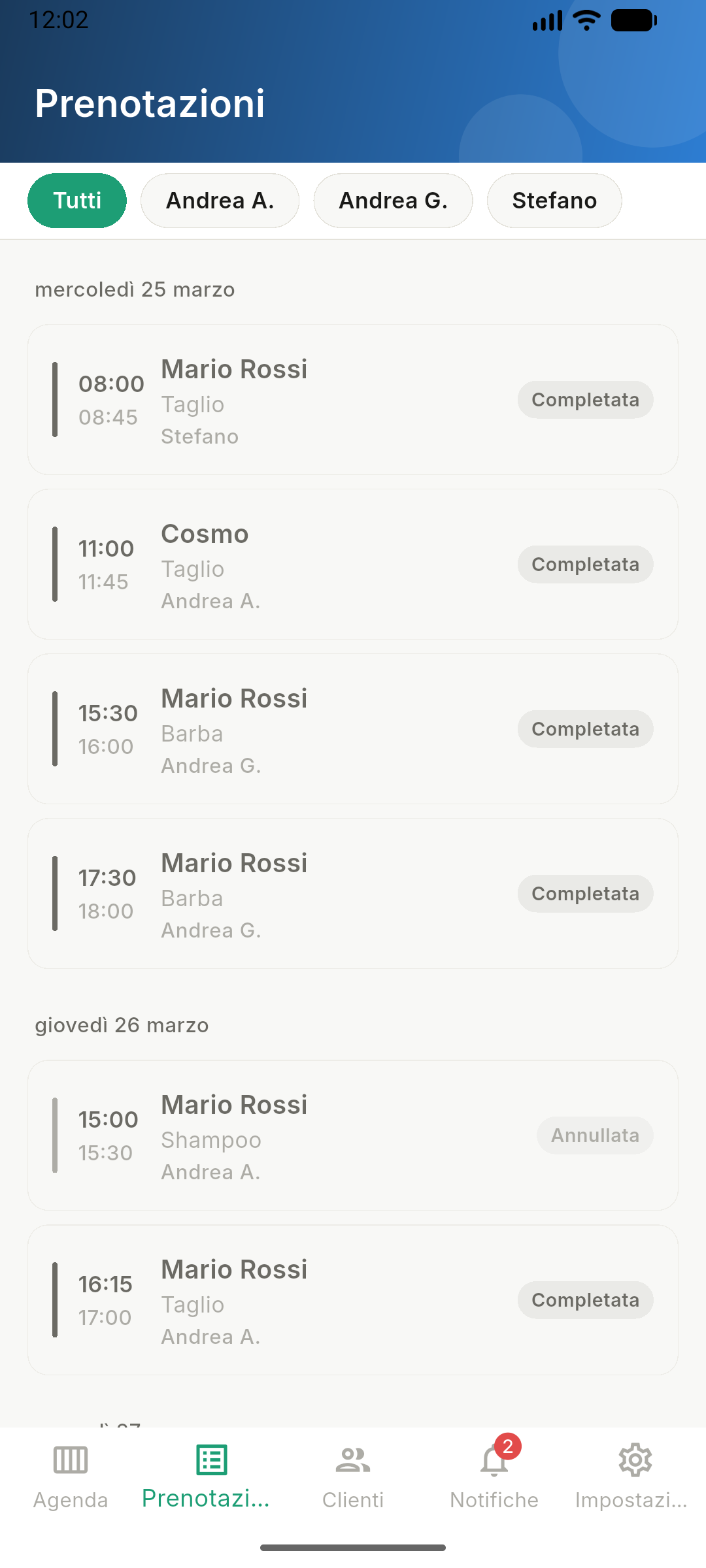 Schermata lista prenotazioni – Prenotix