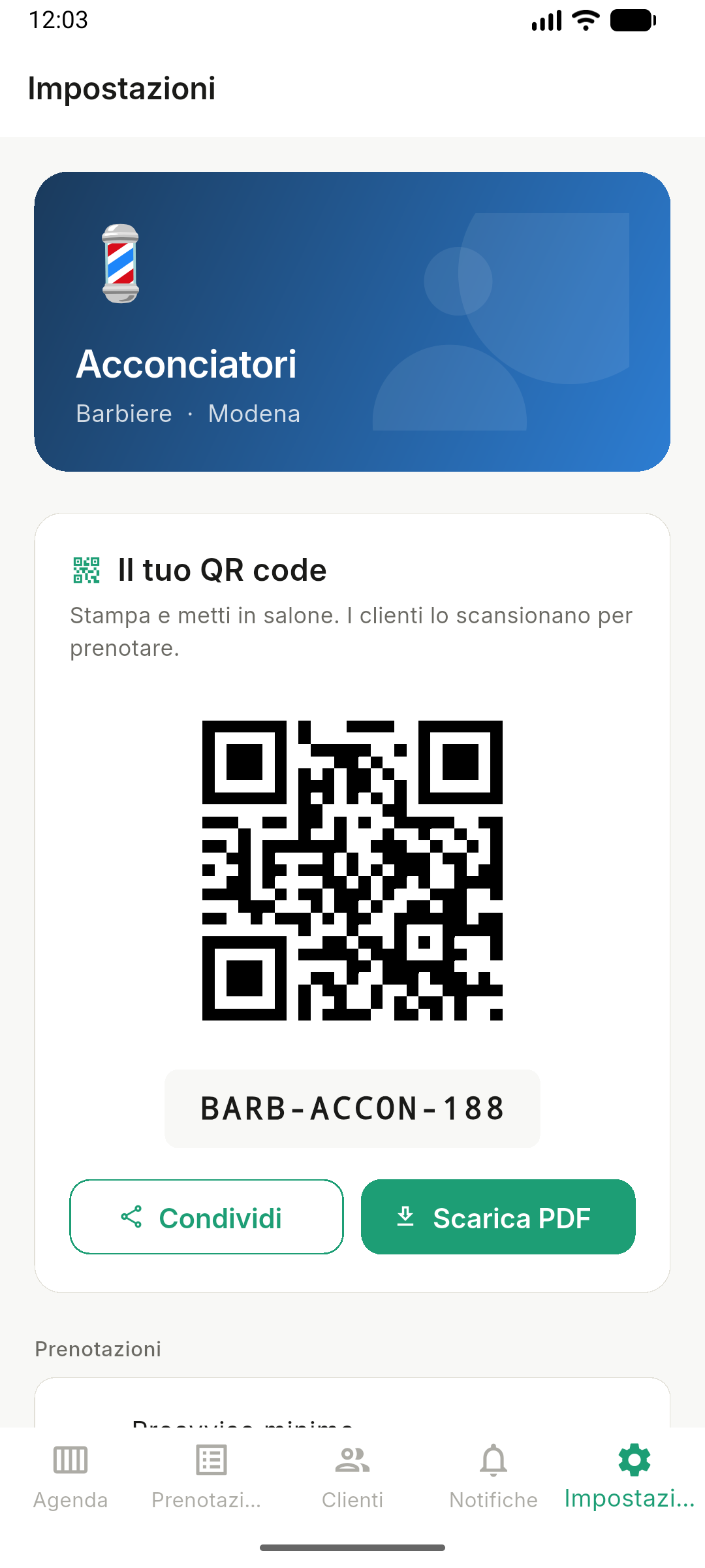 Schermata QR code del salone – Prenotix