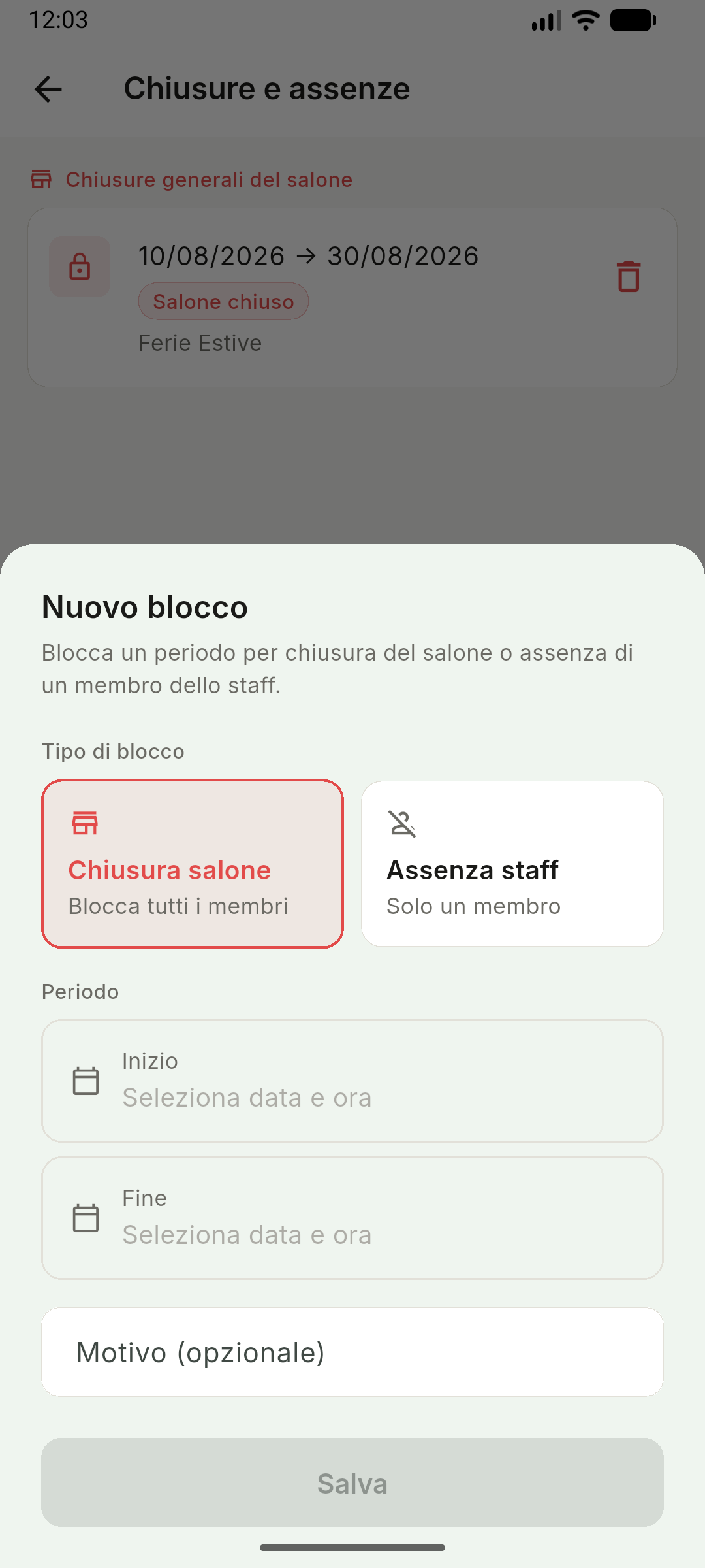 Schermata chiusure e assenze staff – Prenotix